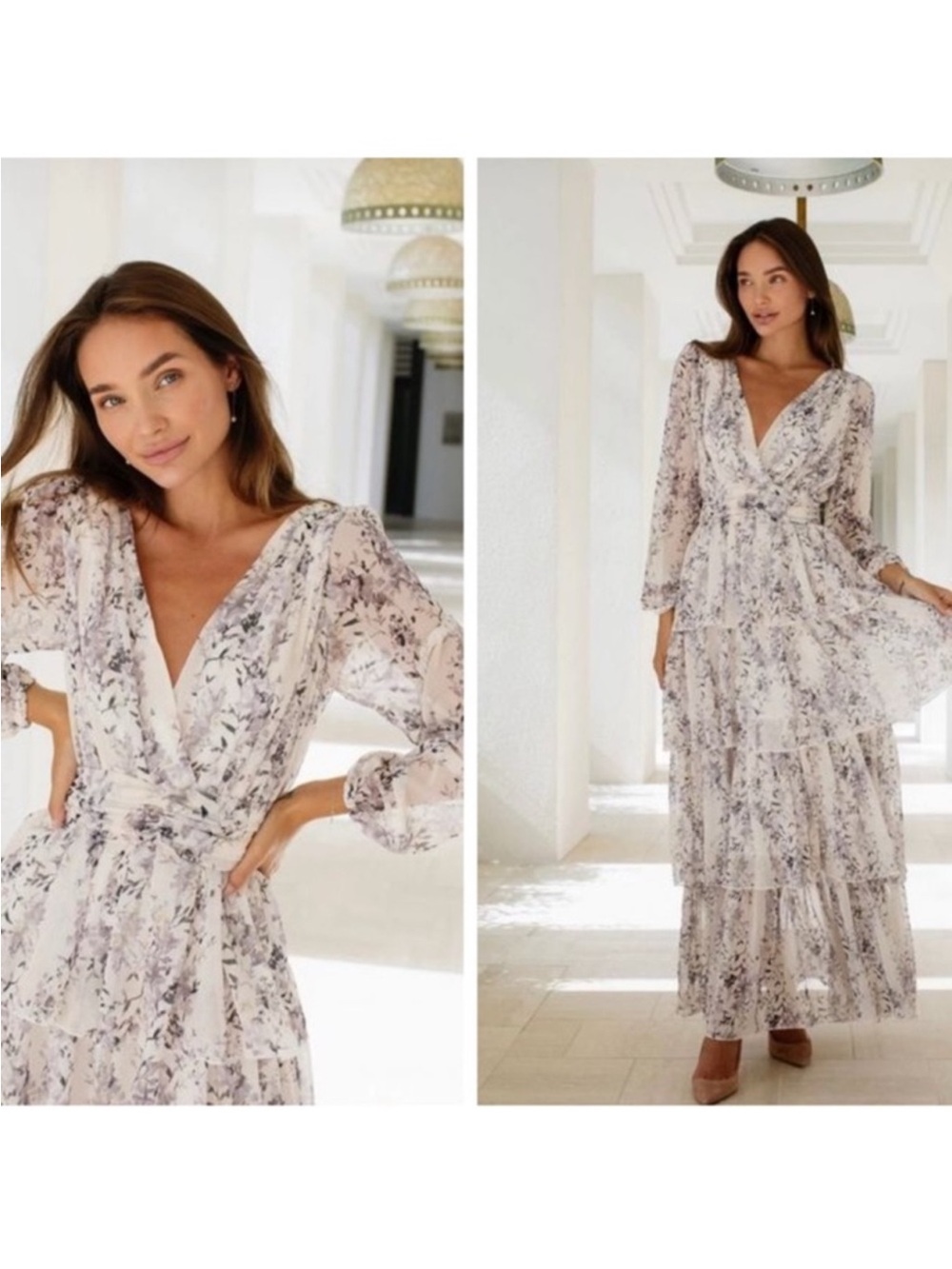 Anne Louise Boutique Layered Maxi Dress Floral on Cream White Ruched Waist 8 - Picture 10 of 10